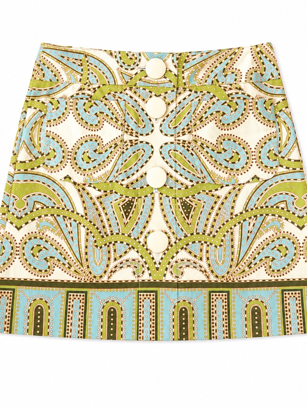 J. Crew Paisley Button-Front Mini Skirt in Cream, Green & Light Blue
